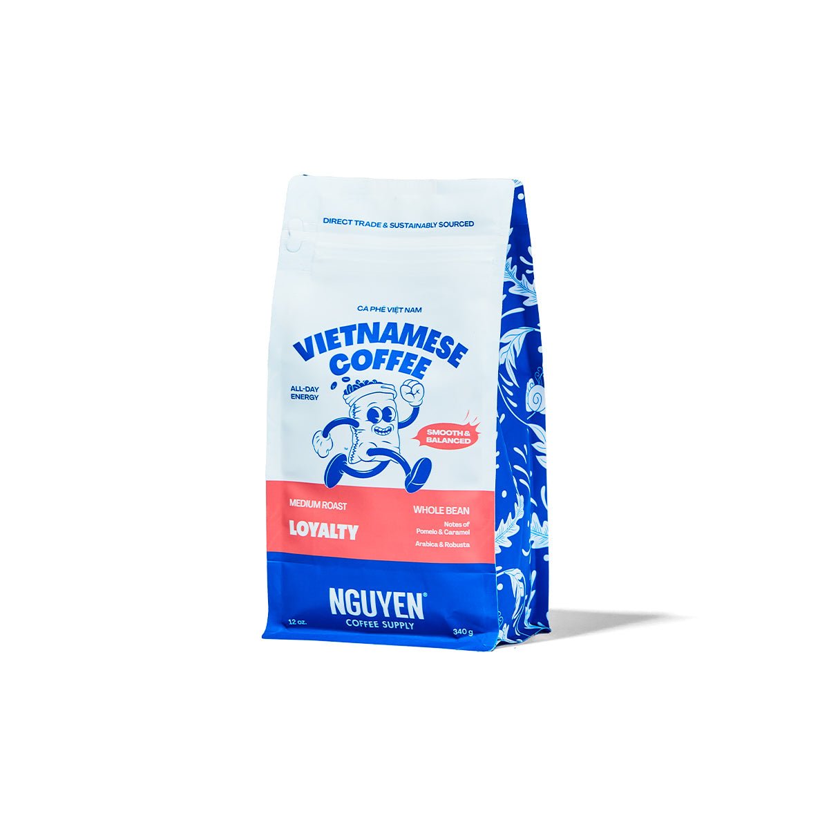 A 12 oz bag of Nguyen Vietnamese Coffee Medium Roast Loyalty whole bean coffee, featuring a white and blue bag with a cartoon robusta bean character, set against a plain white background.