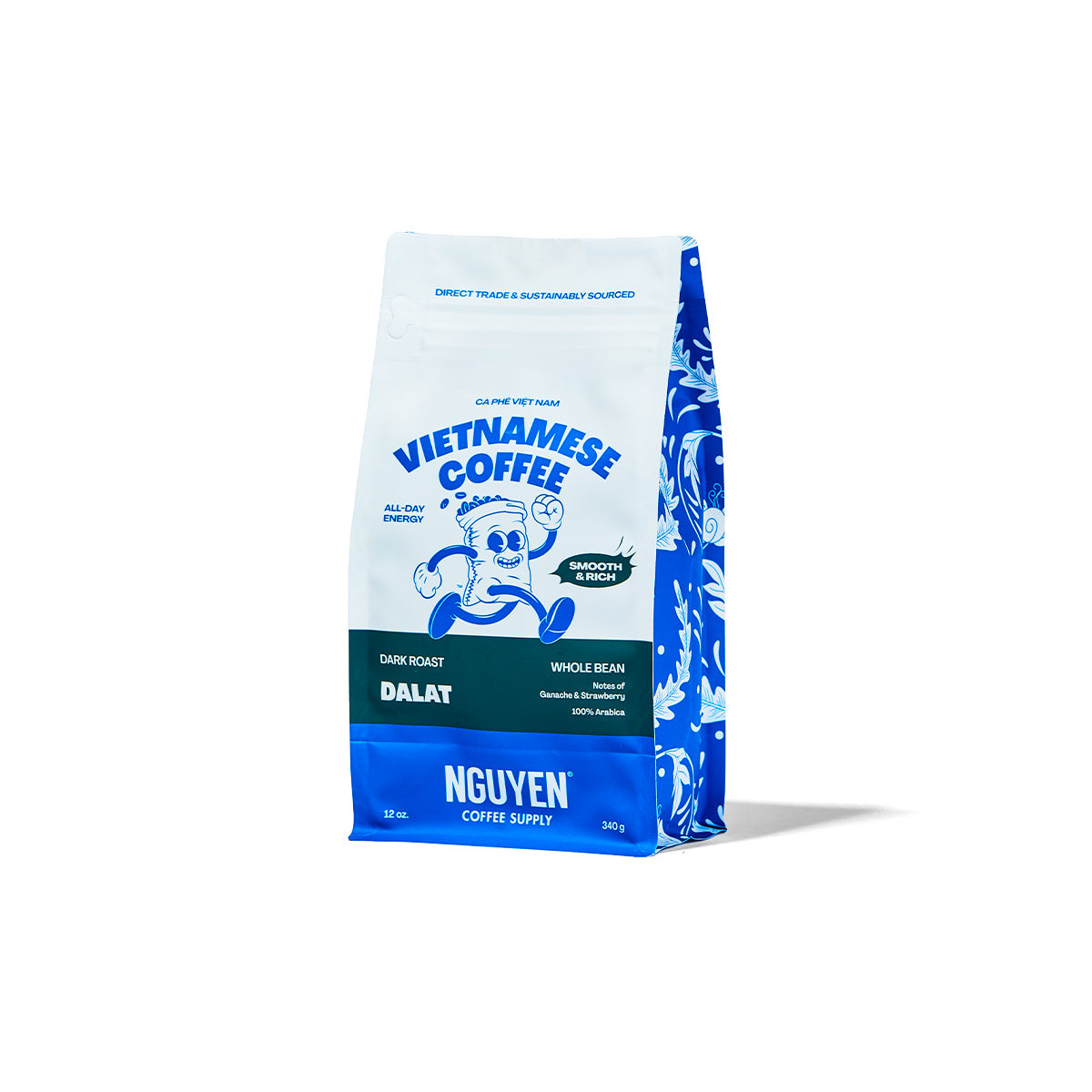 A 340g bag of Dalat Nguyen Vietnamese Coffee Dark Roast Whole Bean, featuring a white and blue paper bag with a cartoon Robusta Bean illustration and a dark green label, set against a plain white background.