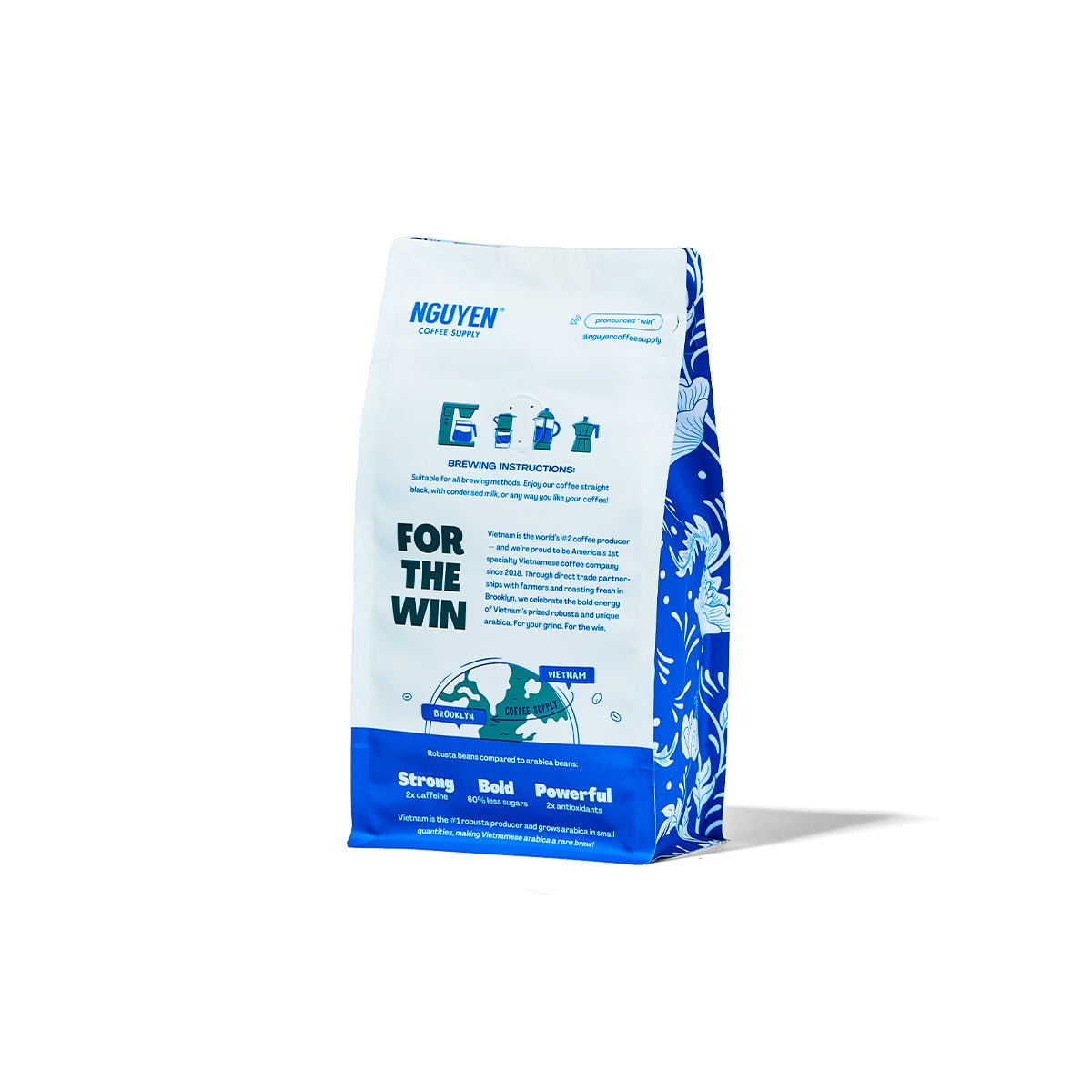 A stand-up pouch of Nguyen Coffee Supply's Dalat Vietnamese Arabica coffee Dark Roast, featuring a white and blue design with text and illustrations of a global from Vietnam to Brooklyn