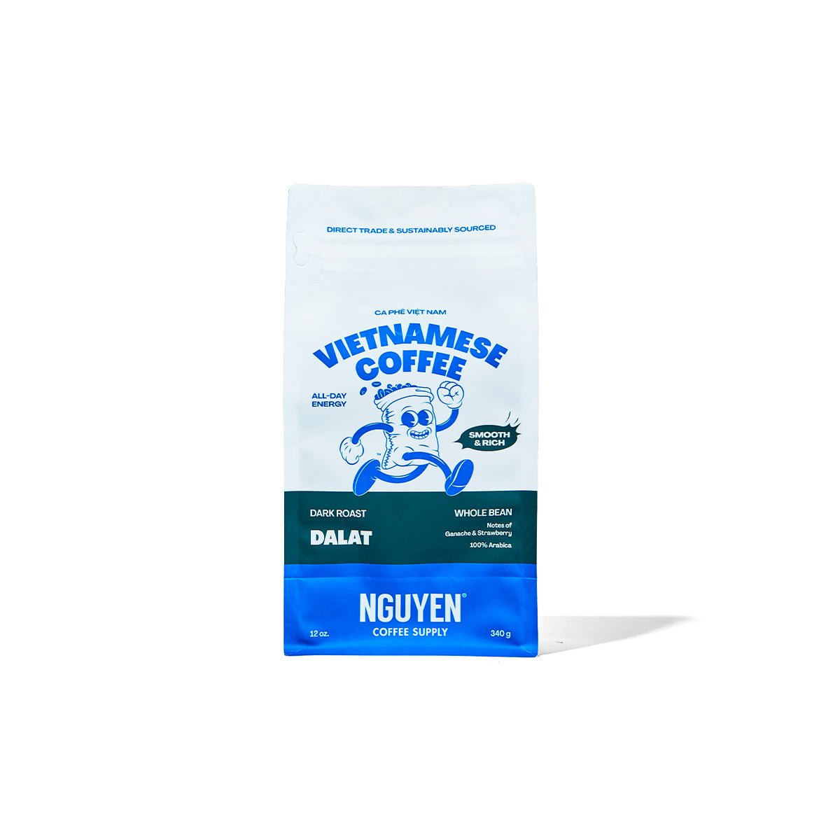 A 340g bag of Nguyen Coffee Supply Vietnamese Coffee Dalat dark roast whole bean, shown on a clean white background with a soft shadow.