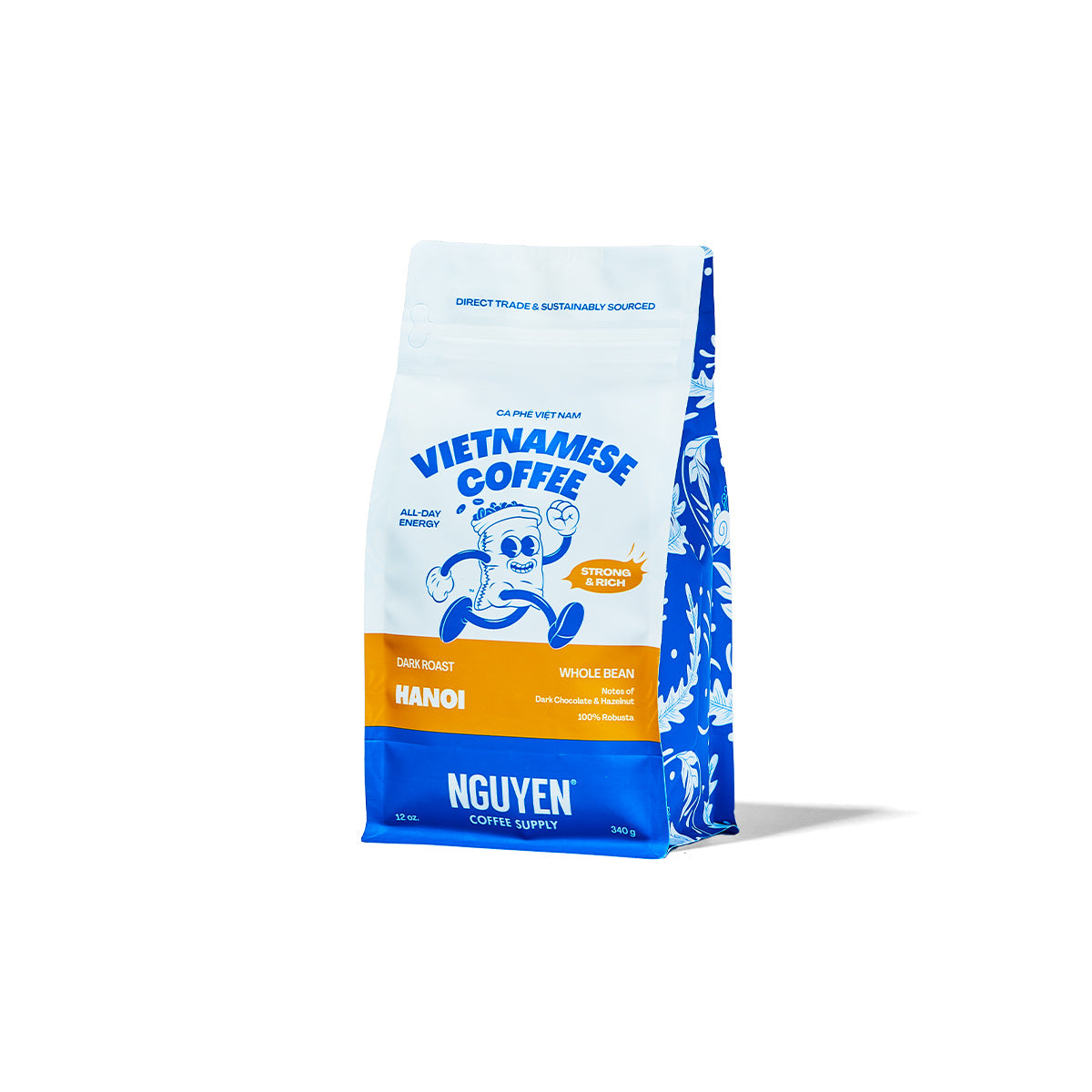 A 12 oz bag of Nguyen Coffee Supply Vietnamese Coffee Hanoi dark roast whole bean coffee, standing upright on a white background with a soft shadow.