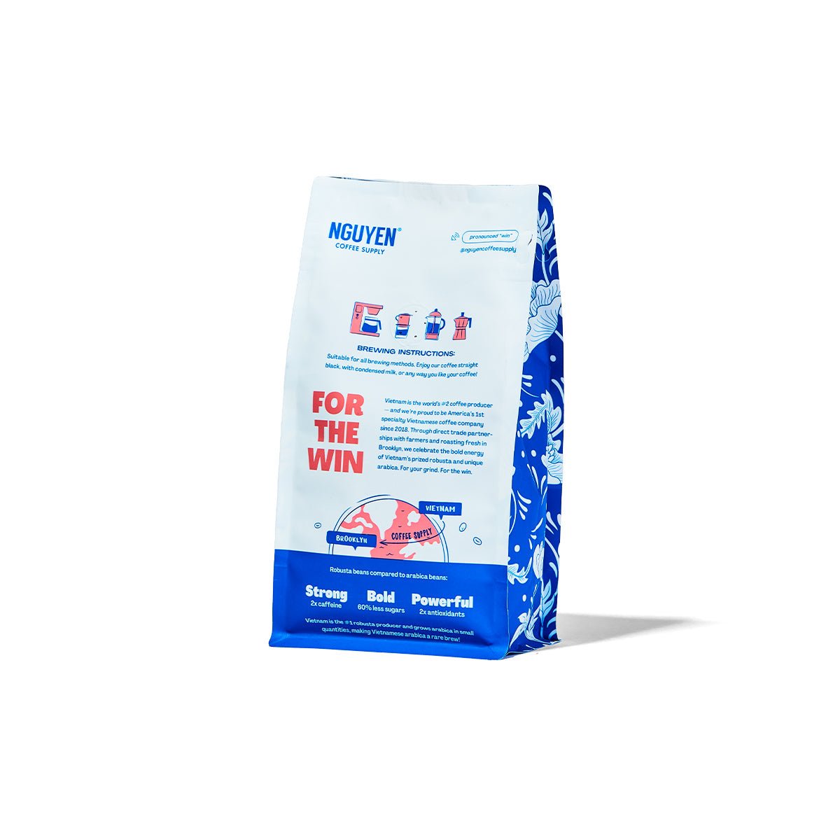 The back of the coffee bag, featuring an illustration of a map with Vietnam to Brooklyn. The packaging is primarily white with blue text and graphics, and features a blue patterned side panel.