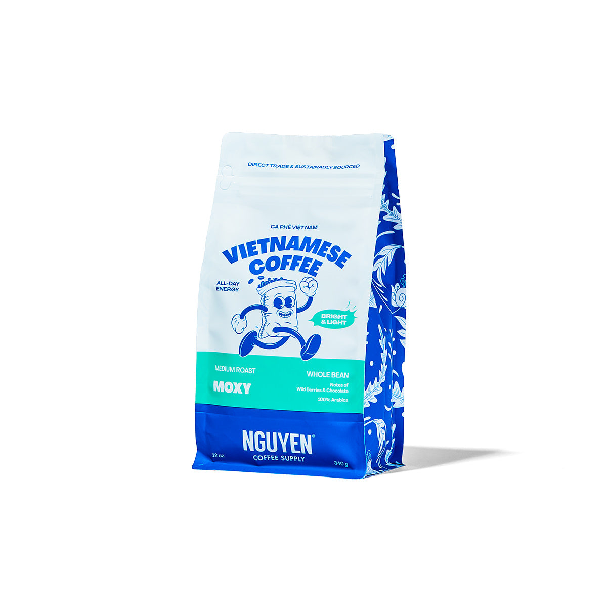 A 12 oz bag of Nguyen Coffee Supply Vietnamese Coffee, Medium Roast, Moxy, arabica, shown on a clean white background with a soft shadow.