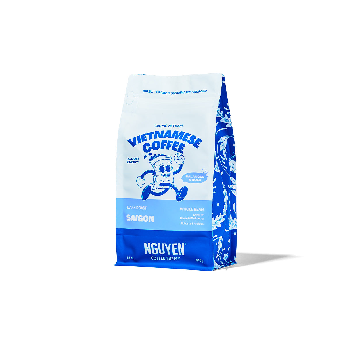 A 340g bag of Nguyen Coffee Supply Saigon dark roasted Vietnamese coffee whole bean, featuring a white and blue bag with a cartoon robusta bean mascot on a clean white background