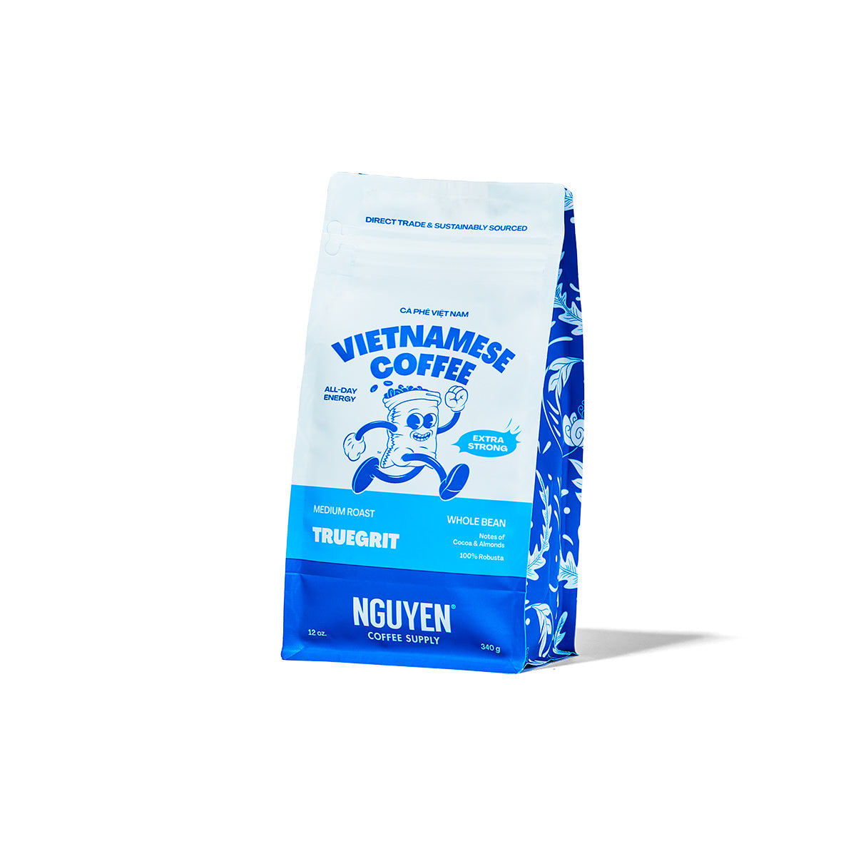A bag of Nguyen Vietnamese coffee Truegrit medium roast extra strong with a cartoon robusta bean character on the front against a white background