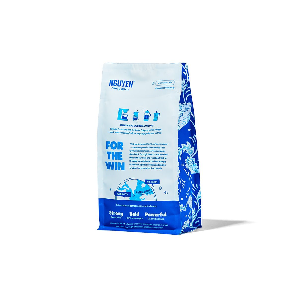 A bag of Nguyen Vietnamese coffee Truegrit medium roast, featuring an illustrated map of Vietnam to Brooklyn, along with a white and blue design with floral patterns on the side, set against a plain white background.