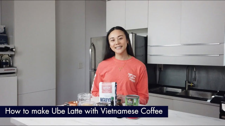 Watch a step-by-step tutorial on how to make an Ube Ice Latte with Vietnamese coffee using a traditional phin filter. The Ube mix is good for several drinks and can be stored in the fridge. 