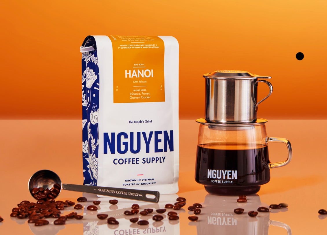 Dark Roast coffee trio, best Vietnamese coffee supply,  hanoi (100% robusta), phin fiter, coffee scoop