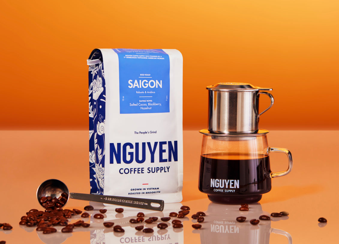 Dark Roast coffee trio, best Vietnamese coffee supply,  saigon (robusta and arabica), phin fiter, coffee scoop