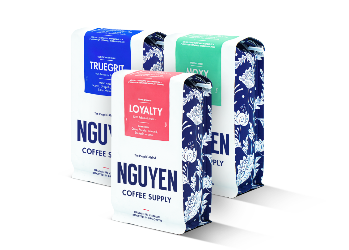 The original vietnamese coffee trio, best vietnamese coffee supply, truegrit coffee(100% pearberry robusta), loyalty coffee (100% arabica nad robusta), Moxy coffee (100% arabica)